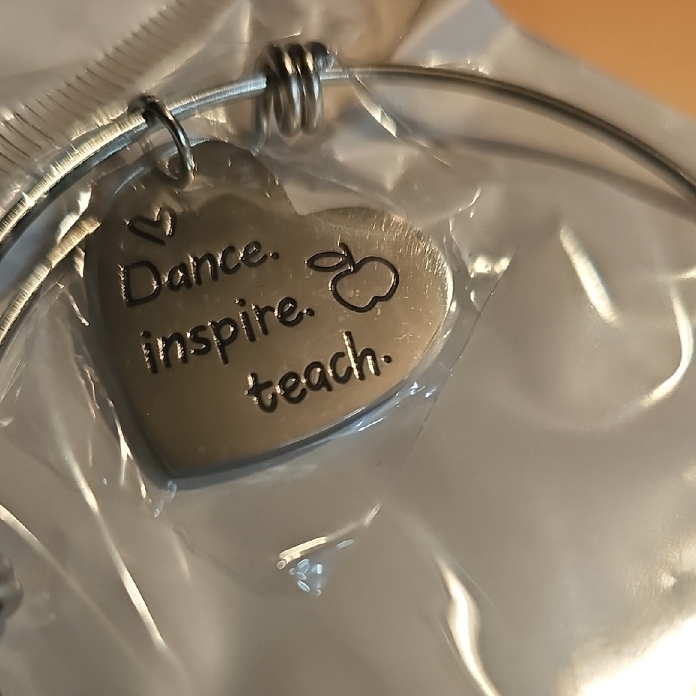 Dance Teacher Heart Charm Bangle Bracelet- "Dance. inspire. teach." NWT